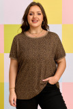 Khaki Plus Size Leopard Print Ribbed Trim Round Neck Tee