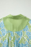 Sky Blue Floral Print Color Block Patchwork Shirt Collar Half Sleeve Mini Dress