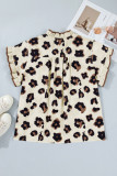 Khaki Plus Size Leopard Print Frilled Color Block Trim Button Down Short Sleeve Blouse