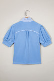 Sky Blue Striped Frilled Collar Short Sleeve Blouse