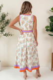 White Floral Print Color Block Trim Belted Sleeveless Maxi Dress