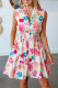 Pink Adorable Floral Print V Neck Zip Up Smocked Waist Flared Mini Dress