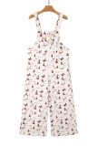 Beige Western Printed Button Adjustable Straps Loose Jumpsuit Dungarees