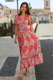 Multicolour Paisley Print V-Neck Short Sleeve Boho Maxi Dress with Ruffle Details
