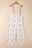 Beige Western Printed Button Adjustable Straps Loose Jumpsuit Dungarees