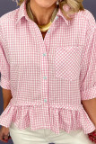 Pink Plaid Half Sleeve Ruffle Hem Button Down Shirt
