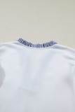 White Contrasted Striped Patchwork Split Neck Ruffle Trim Sleeveless Dress