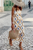 Khaki Boho Abstract Print V Neck Sleeveless Long Dress