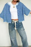 Blue Stripe Loose Half Sleeve Knit Button Down Sweater Cardigan