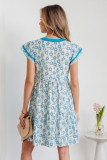 Sky Blue Floral Print Contrast Trim Flutter Sleeve Mini Dress