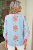 Sky Blue Floral Print Button Cuffed 3/4 Sleeve Round Neck Blouse