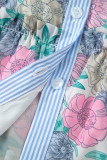 White Floral Print Striped Contrast Trim Belted Short Dress