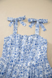 Sky Blue Floral Print Knot Straps High Waist Flared Maxi Dress