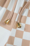 Khaki Double Checkered Print Beaded Drawstring Casual Shorts
