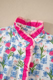 Rose Floral Print Color Block Striped Trim Flutter Sleeve Half Button Blouse