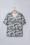 Green Retro Camouflage Print Raw Edge V Neck Tee