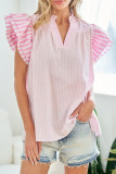 Pink Stripe Contrast Trim V Neck Flutter Sleeve Blouse
