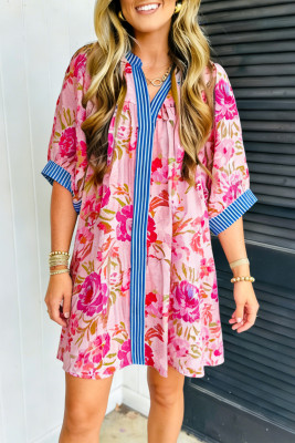 Multicolour Floral Striped Patchwork Trim Half Sleeve Mini Dress