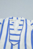 Sky Blue Stripe Split V Neck Puff Sleeve Summer Blouse