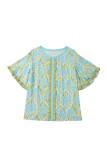 Sky Blue Plus Size Floral Print Frilled Color Block Trim Short Sleeve Blouse