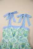 Green Geometric Floral Print Striped Patchwork Detail Sleeveless Dress