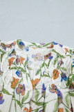 Green Floral Print Ruffle V-Neck Pressed Pleats Binding Tape Cotton Blouse