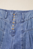 Dusk Blue High Rise Buttons Pleated Cropped Wide Leg Denim Pants