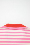 Rose Stripe Contrast Trim Polo Collar Ruffled Short Sleeve Blouse