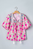 Pink Floral Print Short Sleeve Contrast Patchwork Tassel Tie Blouse