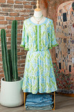 Sky Blue Floral Print High Waist Ruffle Short Sleeve Mini Dress
