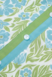 Sky Blue Botanical Floral Print Frilled Trim V Neck Button Front Loose Dress