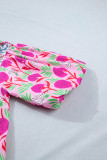 Pink Floral Print Short Sleeve Contrast Patchwork Tassel Tie Blouse
