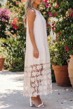 Beige Sheer Hollowed Floral Lace Hem Patchwork Loose Halter Summer Dress