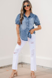Beau Blue Frilled Short Sleeve Snap Button Denim Shirt