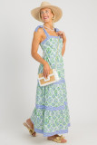 Green Geometric Floral Print Striped Patchwork Detail Sleeveless Dress