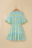 Sky Blue Floral Print High Waist Ruffle Short Sleeve Mini Dress