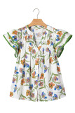 Green Floral Print Ruffle V-Neck Pressed Pleats Binding Tape Cotton Blouse