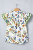 Green Floral Print Ruffle V-Neck Pressed Pleats Binding Tape Cotton Blouse