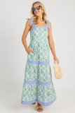 Green Geometric Floral Print Striped Patchwork Detail Sleeveless Dress