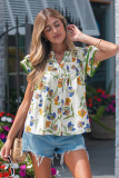 Green Floral Print Ruffle V-Neck Pressed Pleats Binding Tape Cotton Blouse