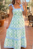 Green Geometric Floral Print Striped Patchwork Detail Sleeveless Dress