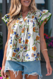Green Floral Print Ruffle V-Neck Pressed Pleats Binding Tape Cotton Blouse