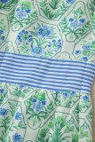 Green Geometric Floral Print Striped Patchwork Detail Sleeveless Dress