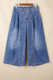 Dusk Blue High Rise Buttons Pleated Cropped Wide Leg Denim Pants