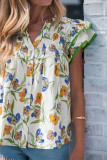 Green Floral Print Ruffle V-Neck Pressed Pleats Binding Tape Cotton Blouse
