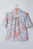 Sky Blue Boho Floral Print Scalloped Trim Button Down Short Sleeve Shirt