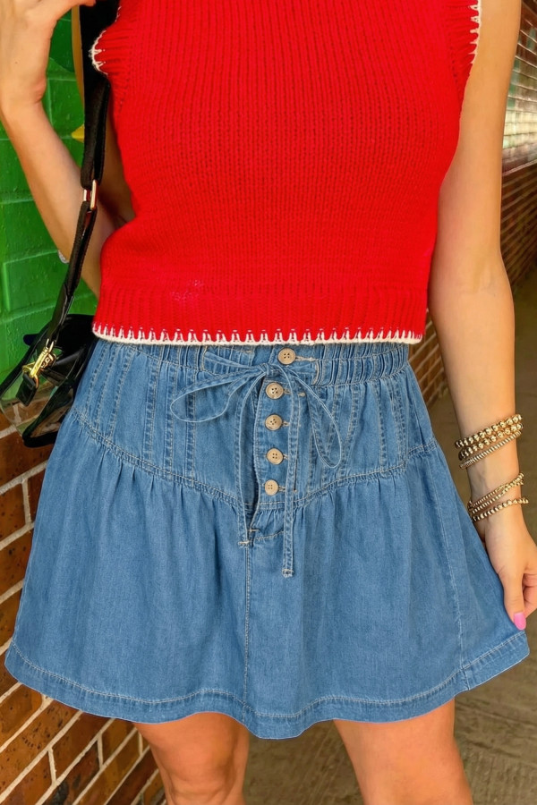 Sky Blue Half Buttons Pleated High Waist Denim Mini Skirt with Drawstring