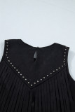 Black Western Fringe Rivet Paneling Bust Sleeveless Top