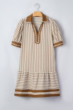 Brown Stripe Shirt Collar Color Block Patchwork Trim Ruffle Hem Short Dress