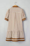 Brown Stripe Shirt Collar Color Block Patchwork Trim Ruffle Hem Short Dress